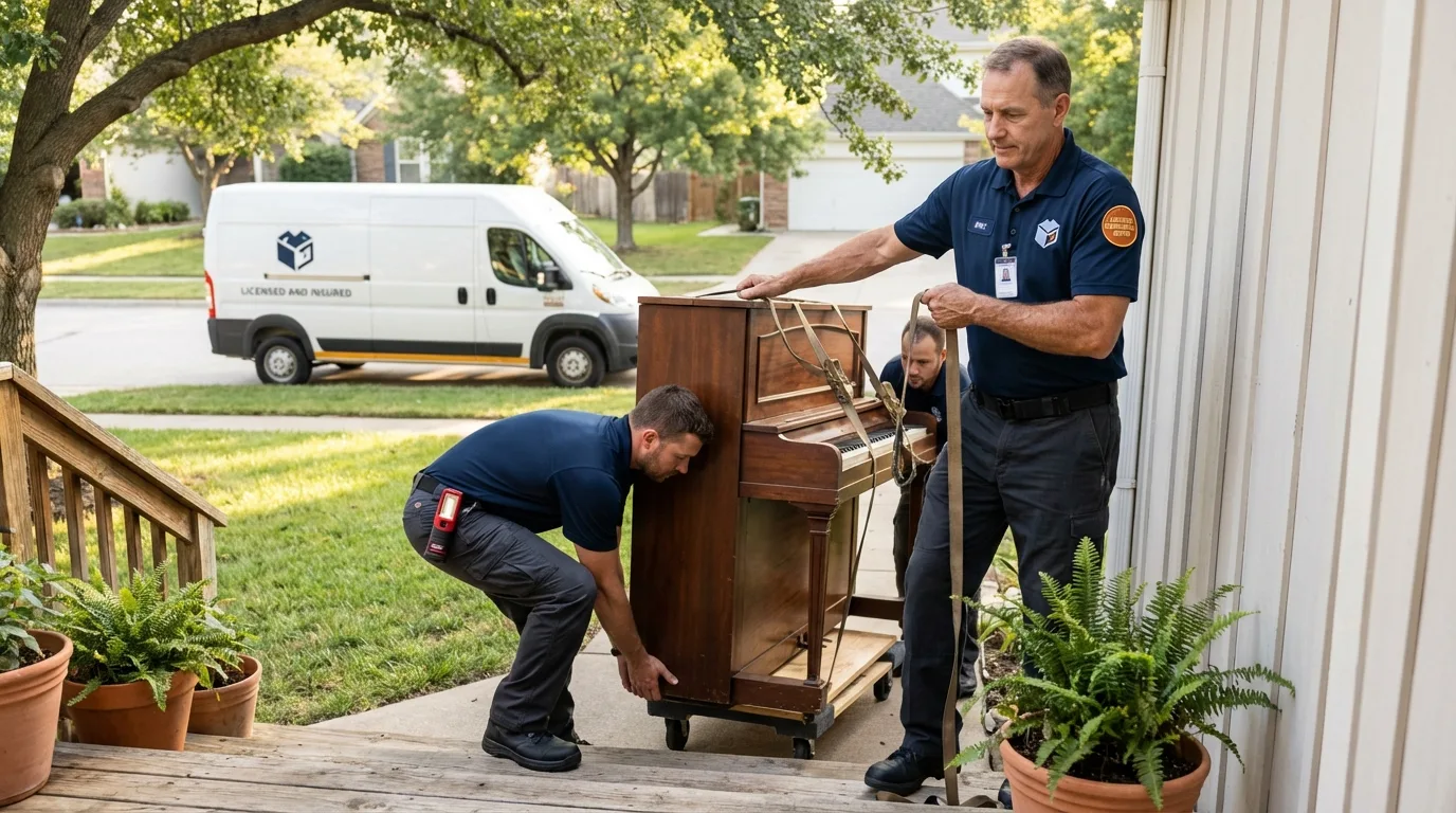 Licensed piano movers securing grand piano in Sackets Harbor, NY