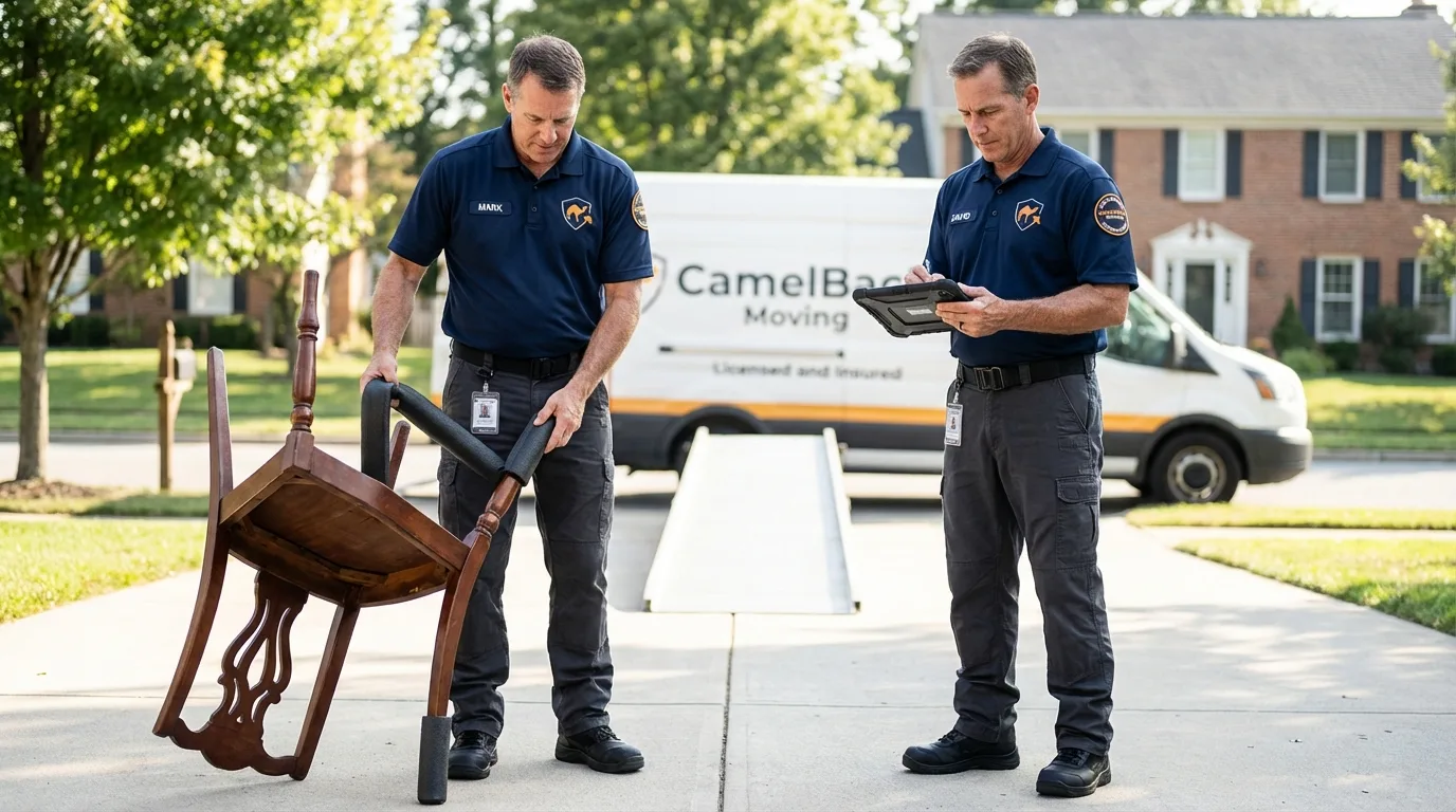Movers inspecting furniture for damage prevention before loading in Sackets Harbor, NY