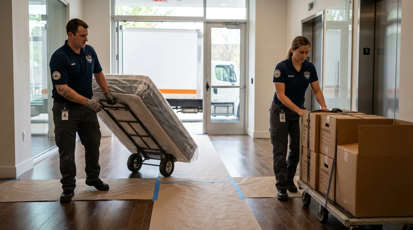 Professional apartment movers loading elevator in Sackets Harbor, NY