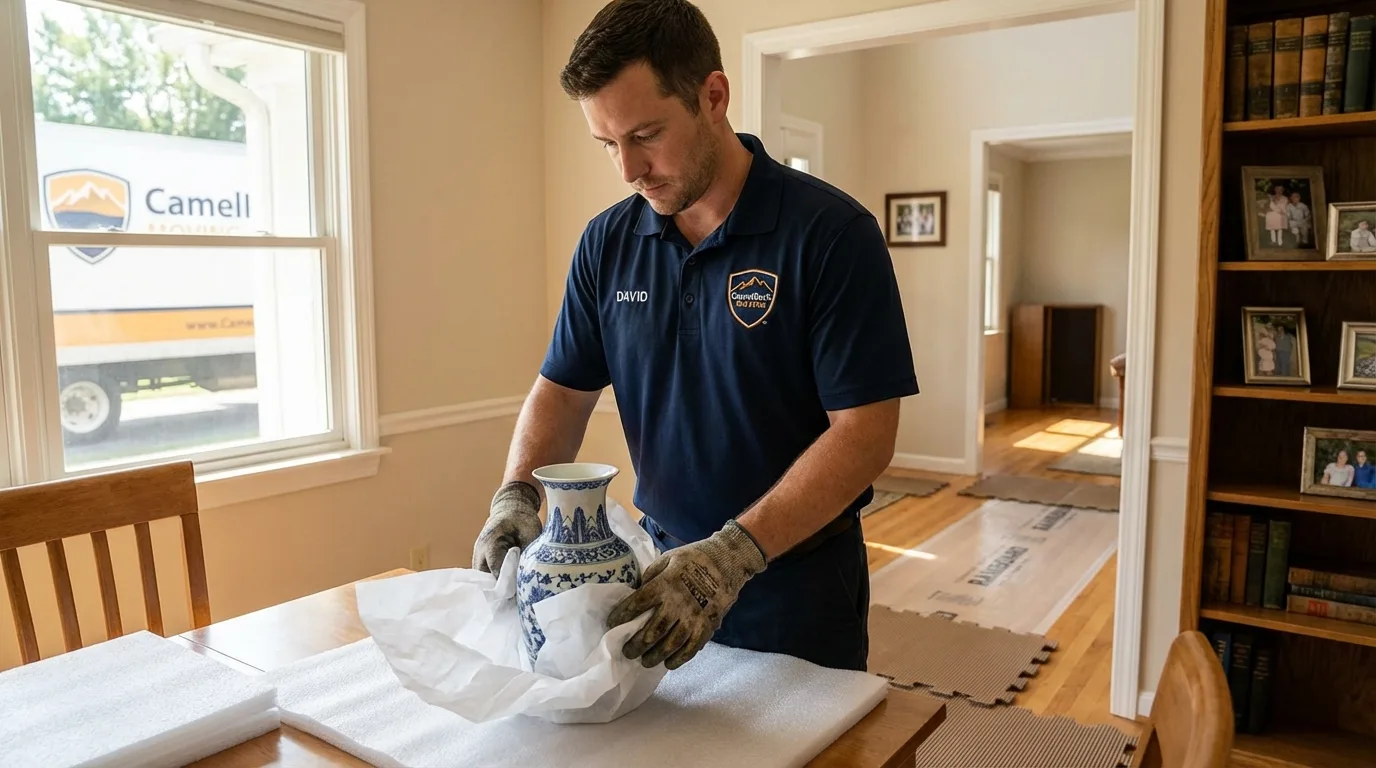 Professional crew carefully wrapping antique vase for senior downsizing move in Sackets Harbor, NY